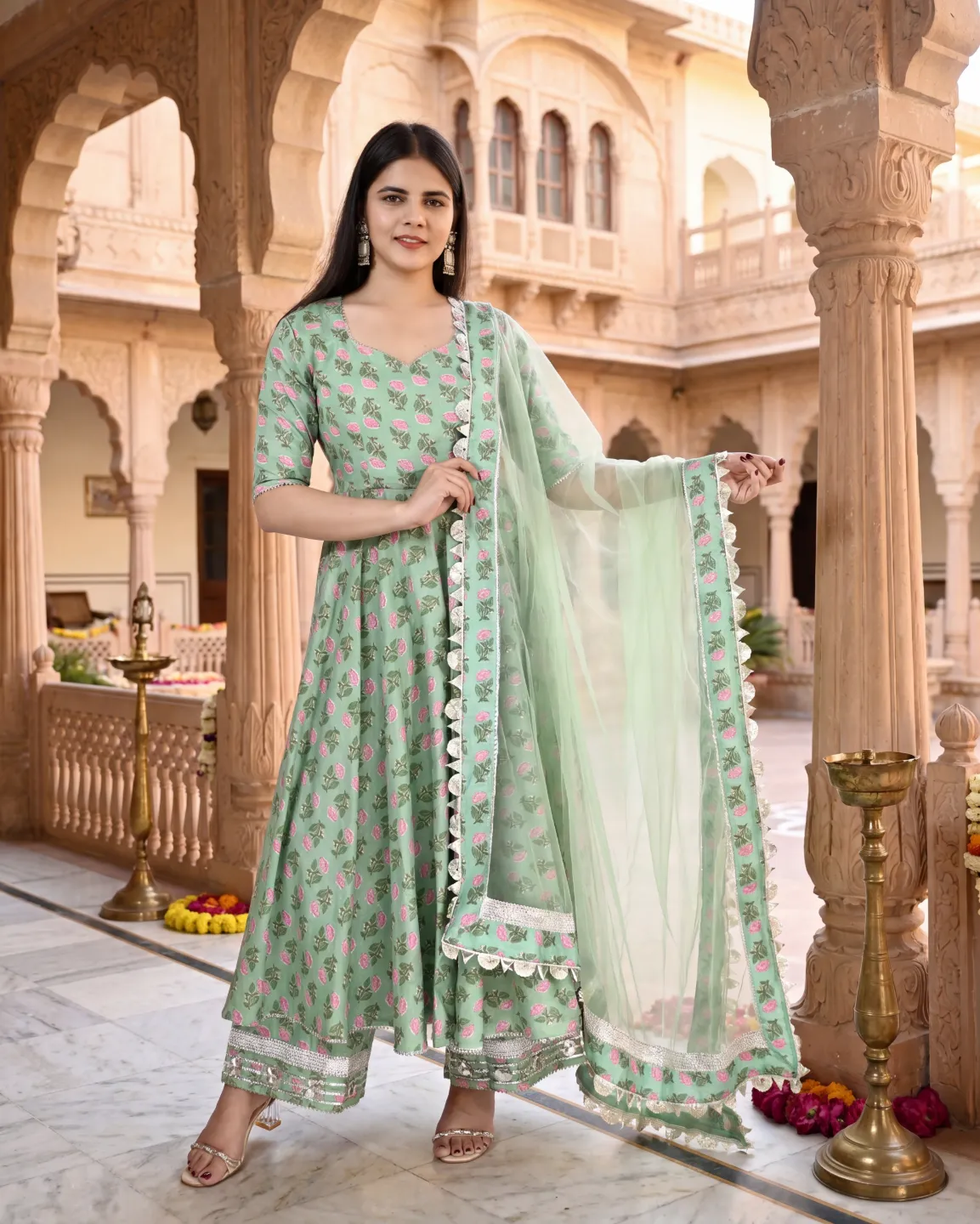 Morbagh Green Cotton Anarkali Set